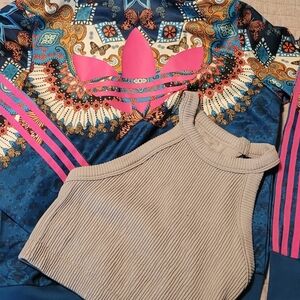 Adidas Blue and Pink Graphic Sweatshirt with Gray Ribbed Tank